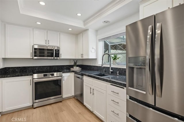 kitchen featuring stainless steel appliances, white cabinets, ornamental molding, a sink, and a tray ceiling