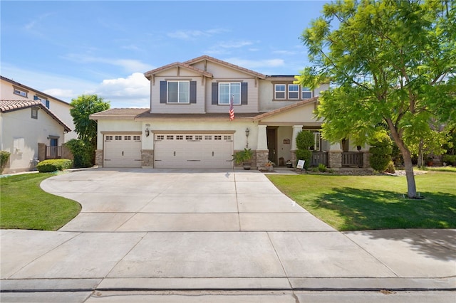 craftsman-style home featuring a front yard, stucco siding, concrete driveway, a garage, and stone siding