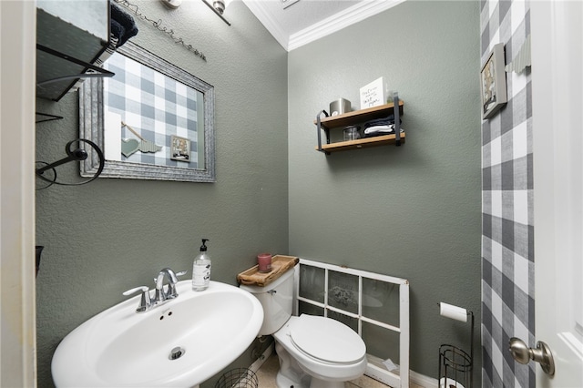 bathroom featuring ornamental molding, toilet, a textured wall, and a sink