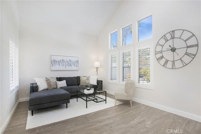 living area featuring wood finished floors, baseboards, and high vaulted ceiling