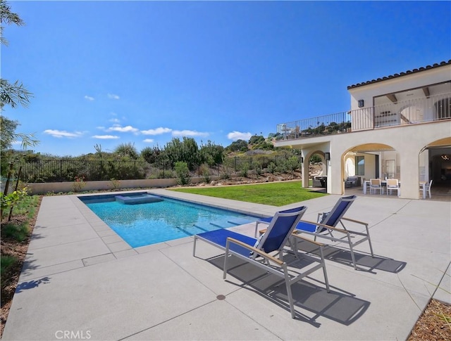 view of swimming pool with a fenced in pool, a patio area, and fence