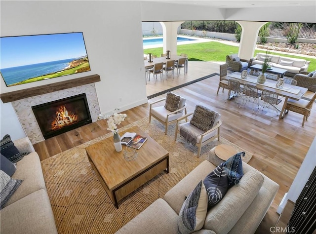 living room featuring a premium fireplace, baseboards, and wood finished floors