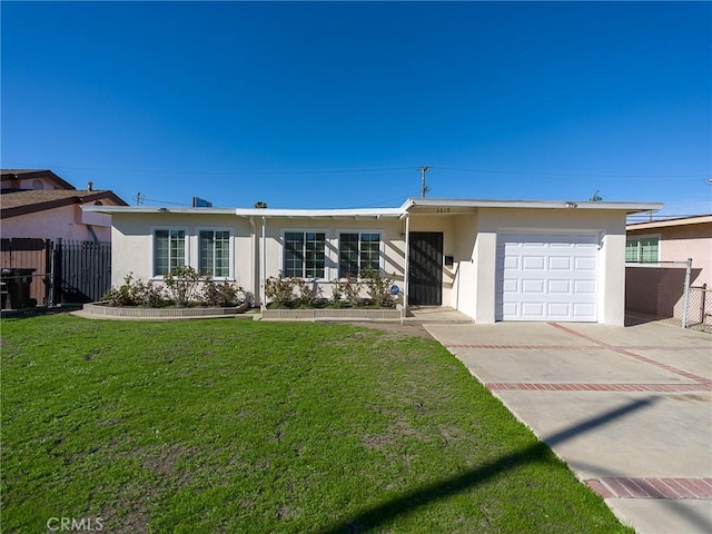 ranch-style home with stucco siding, fence, concrete driveway, a front yard, and a garage