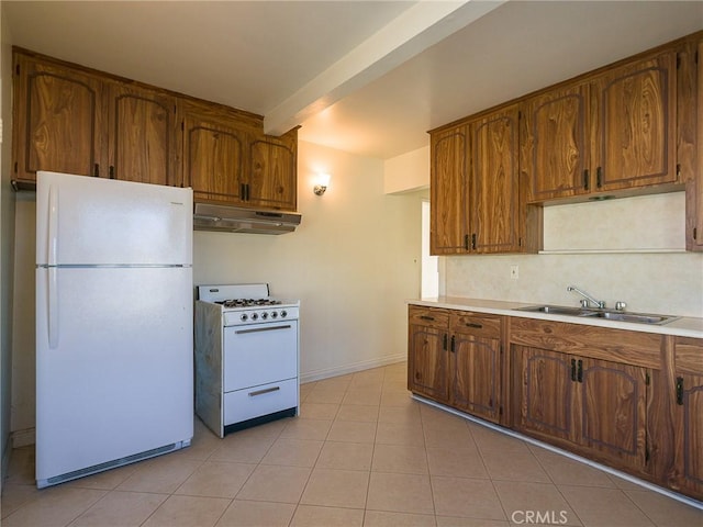 kitchen featuring brown cabinets, under cabinet range hood, white appliances, light countertops, and decorative backsplash