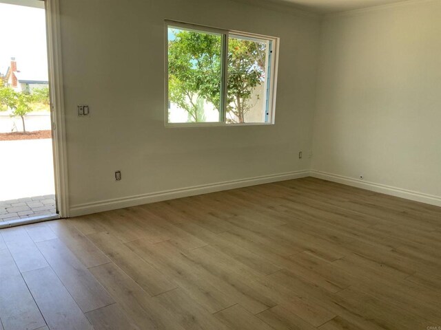 spare room featuring crown molding, baseboards, and wood finished floors