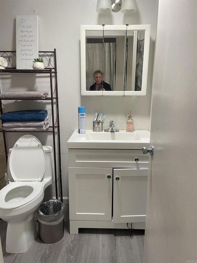 bathroom with vanity, toilet, and wood finished floors