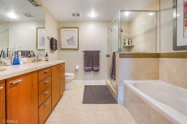 full bathroom featuring visible vents, a stall shower, a sink, double vanity, and a bath