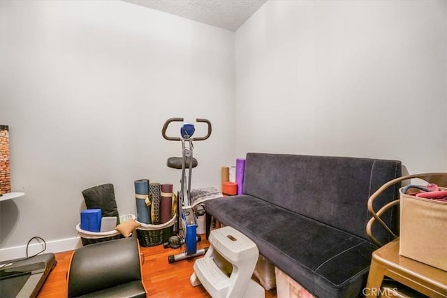 living area with a textured ceiling, baseboards, and wood finished floors