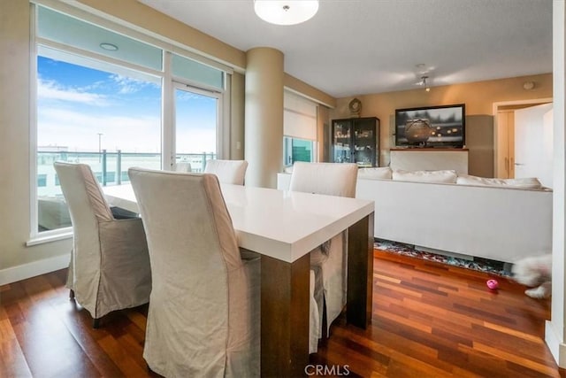 dining space featuring baseboards and dark wood-style flooring