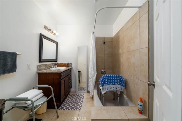 full bath with tile patterned flooring, vanity, and shower / bath combo