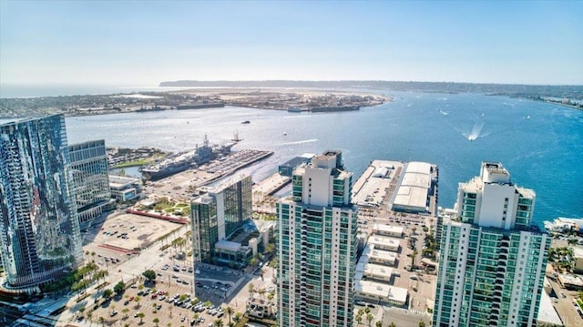 aerial view with a city view and a water view
