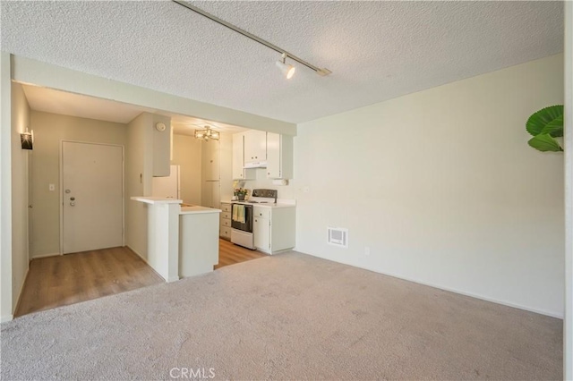 interior space with visible vents, a textured ceiling, and light colored carpet