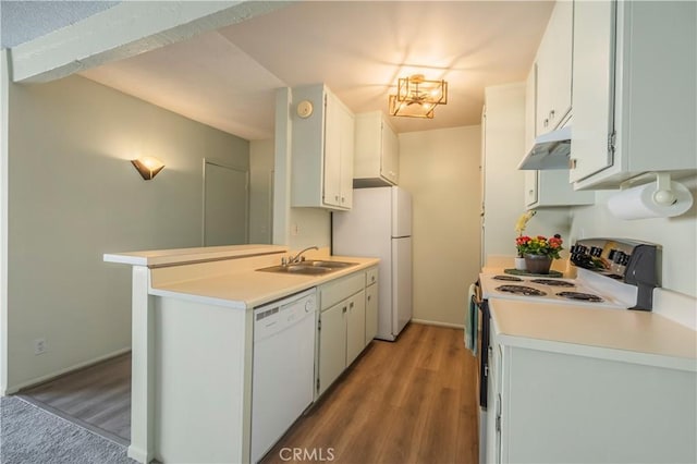 355 S Los Robles Ave Unit 310, Pasadena, CA 91101 - kitchen with white appliances, under cabinet range hood, a sink, light wood-type flooring, and light countertops
