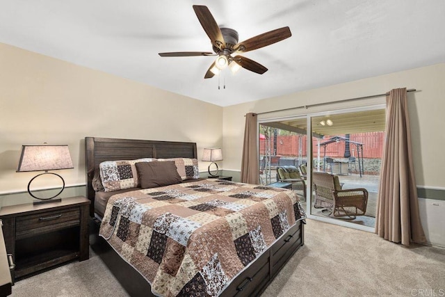 6756 Monte Verde Dr, San Diego, CA 92119 - bedroom featuring access to exterior, light colored carpet, and a ceiling fan