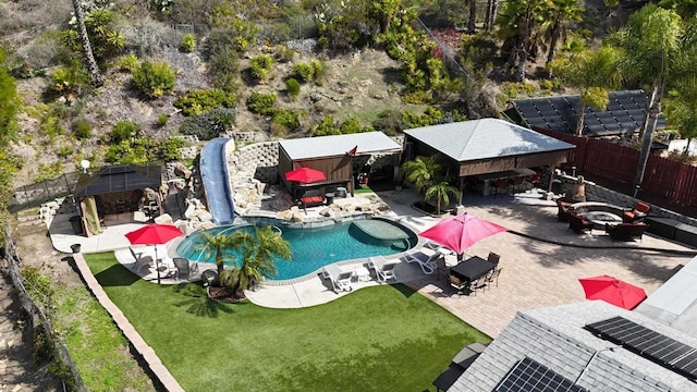 6756 Monte Verde Dr, San Diego, CA 92119 - view of pool featuring a gazebo, a fenced in pool, a lawn, and a fenced backyard