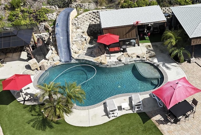 6756 Monte Verde Dr, San Diego, CA 92119 - outdoor pool featuring a water slide and a patio area