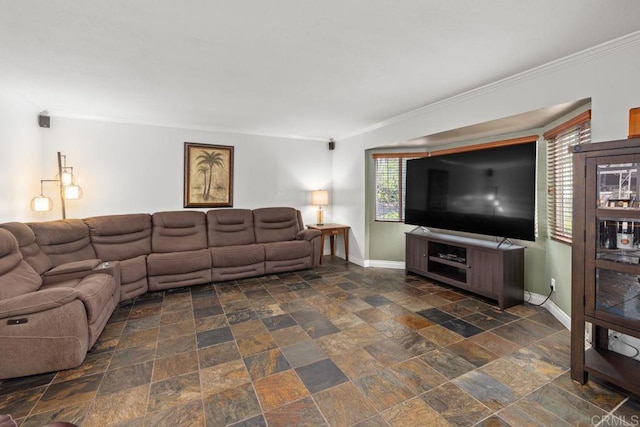 6756 Monte Verde Dr, San Diego, CA 92119 - living room with crown molding, baseboards, and stone finish flooring