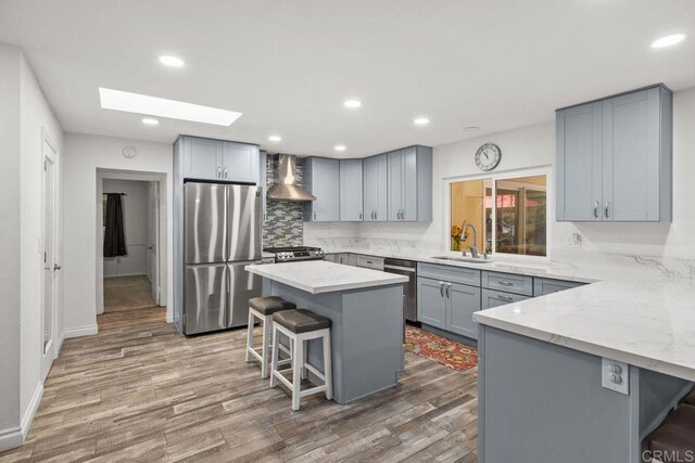 6756 Monte Verde Dr, San Diego, CA 92119 - kitchen with gray cabinetry, a sink, stainless steel appliances, a kitchen bar, and wall chimney exhaust hood