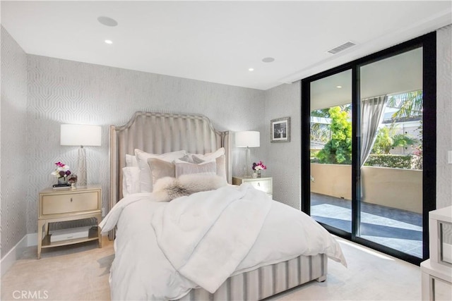 carpeted bedroom featuring access to exterior, visible vents, wallpapered walls, baseboards, and recessed lighting