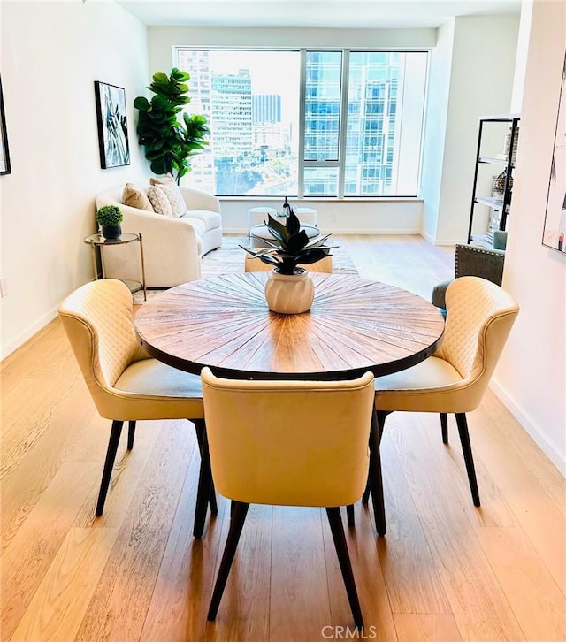 dining area with baseboards and wood finished floors