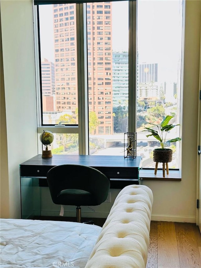 bedroom featuring baseboards, a view of city, and wood finished floors