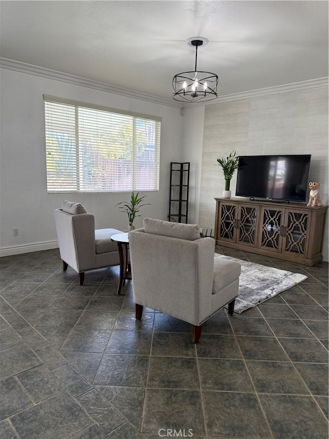 living room with stone finish floor, a notable chandelier, baseboards, and ornamental molding