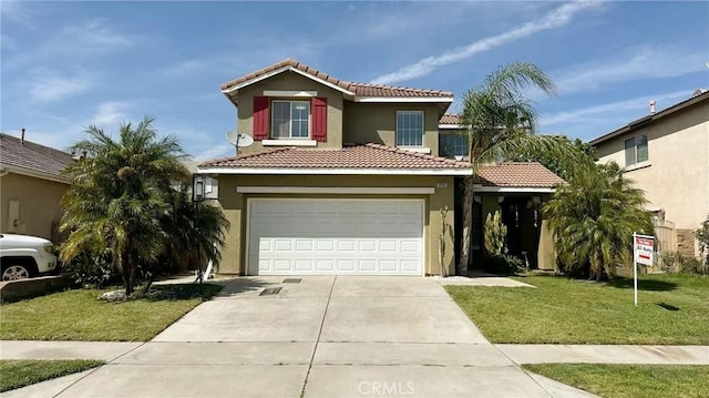 view of front facade featuring a tiled roof, concrete driveway, stucco siding, a front yard, and a garage