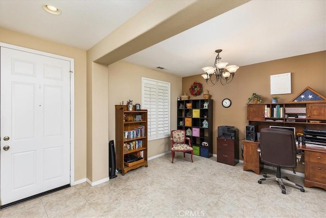 office space featuring visible vents, baseboards, and an inviting chandelier