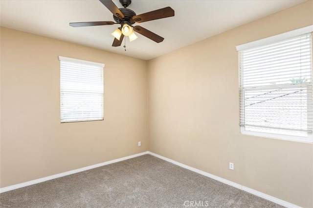 spare room featuring a wealth of natural light, baseboards, and carpet floors