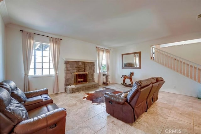 39100 Saddle Ridge Rd, Hemet, CA 92543 - living room with stairway, baseboards, visible vents, and a wealth of natural light