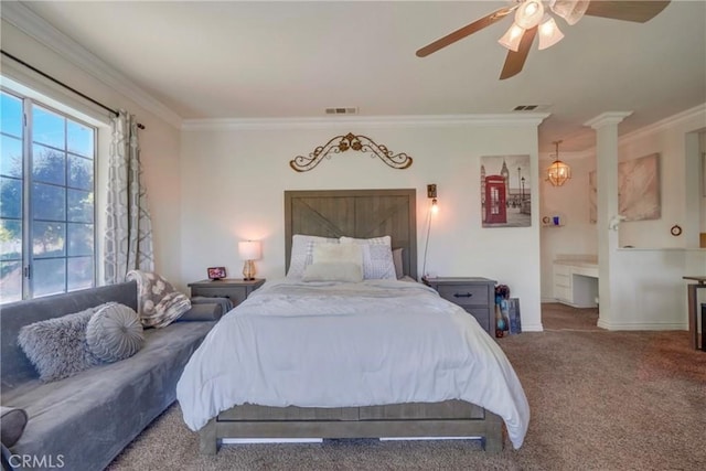 39100 Saddle Ridge Rd, Hemet, CA 92543 - bedroom with carpet flooring, a ceiling fan, visible vents, and ornamental molding