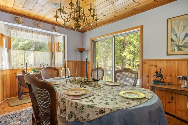 dining space featuring wooden ceiling, wooden walls, a notable chandelier, and wainscoting