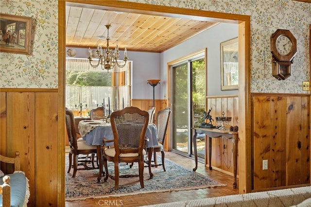 dining room with wallpapered walls, wood ceiling, and a wainscoted wall