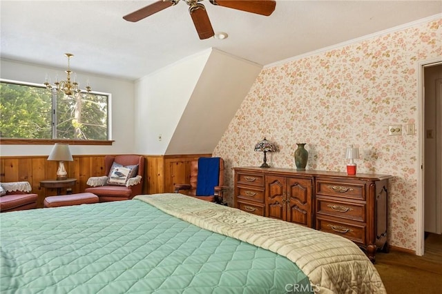 bedroom with carpet flooring, lofted ceiling, crown molding, and wallpapered walls