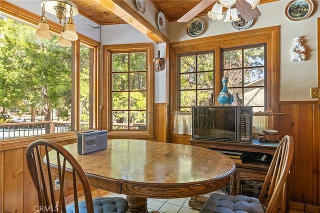 sunroom featuring wooden ceiling, a toaster, a ceiling fan, and a wealth of natural light