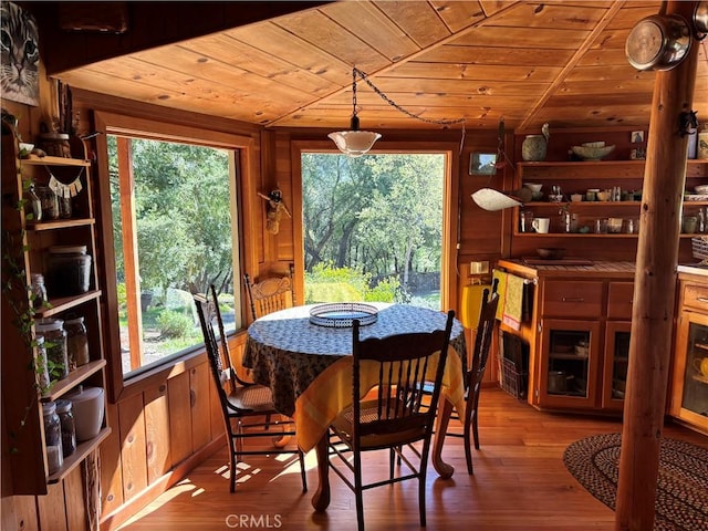 dining area with wood walls, wood ceiling, and wood finished floors