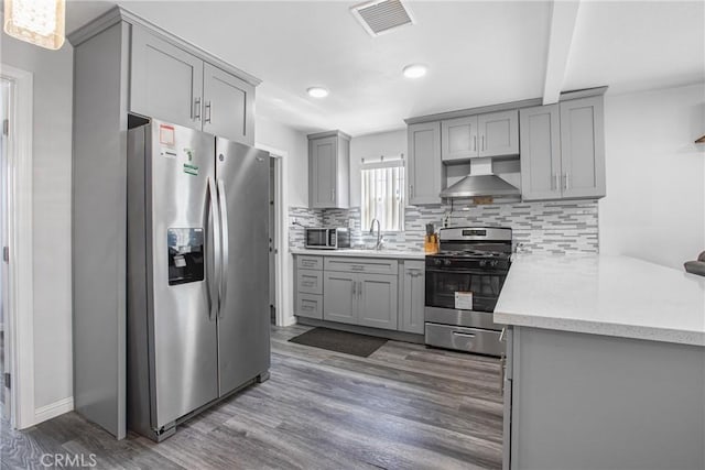 24412 Eucalyptus Ave, Moreno Valley, CA 92553 - kitchen with stainless steel appliances, gray cabinetry, wall chimney exhaust hood, wood finished floors, and tasteful backsplash