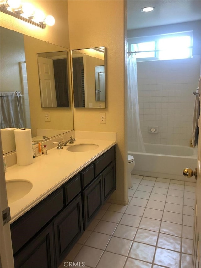 2 Wellesley Ct, Coto De Caza, CA 92679 - bathroom featuring toilet, double vanity, tile patterned flooring, and shower / tub combo with curtain