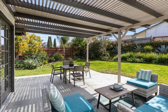 view of patio with a pergola, outdoor lounge area, outdoor dining area, and fence