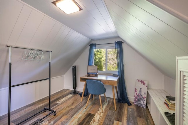 office with vaulted ceiling, wood finished floors, and wooden ceiling