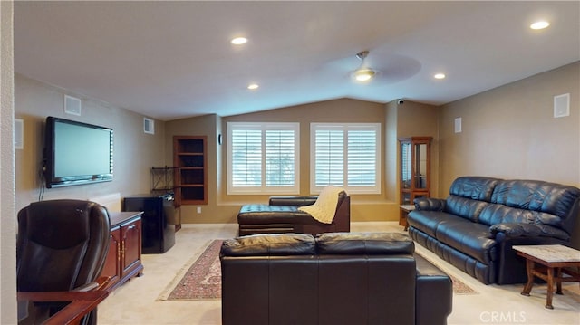 living room with visible vents, baseboards, recessed lighting, vaulted ceiling, and light colored carpet