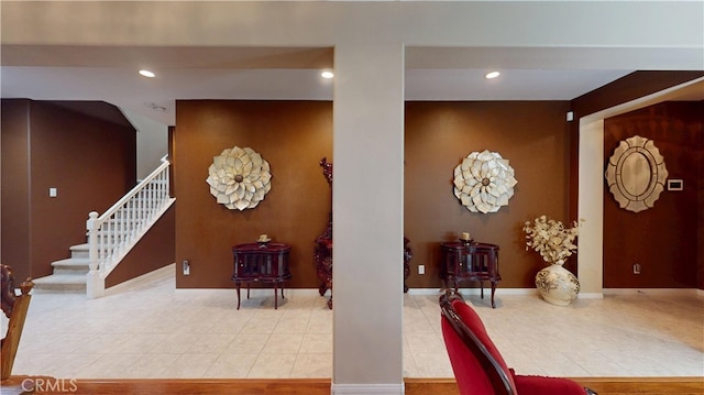 dining area featuring recessed lighting, baseboards, stairs, and tile patterned flooring