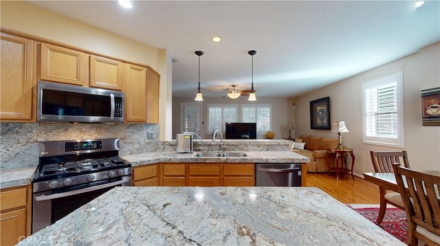 kitchen with a wealth of natural light, a ceiling fan, appliances with stainless steel finishes, and a sink
