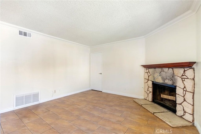 1251 S Meadow Ln Unit 145, Colton, CA 92324 - unfurnished living room with a textured ceiling, a stone fireplace, crown molding, baseboards, and stone finish floors