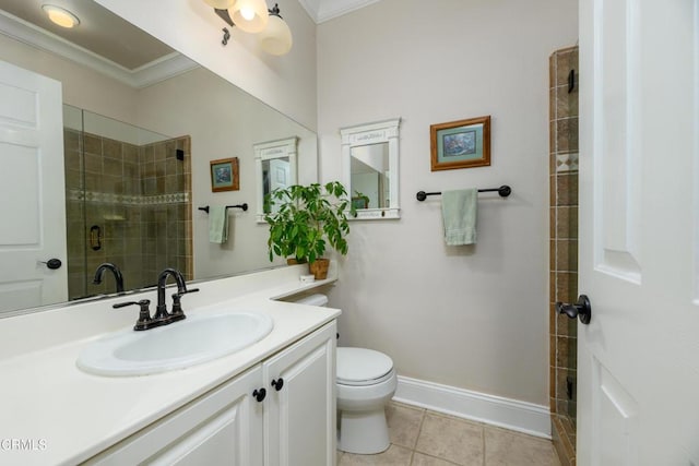 full bathroom with vanity, crown molding, baseboards, tile patterned floors, and tiled shower
