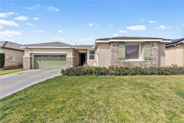 28183 Rocky Cove Dr, Menifee, CA 92585 - prairie-style home with stucco siding, an attached garage, driveway, and a front lawn