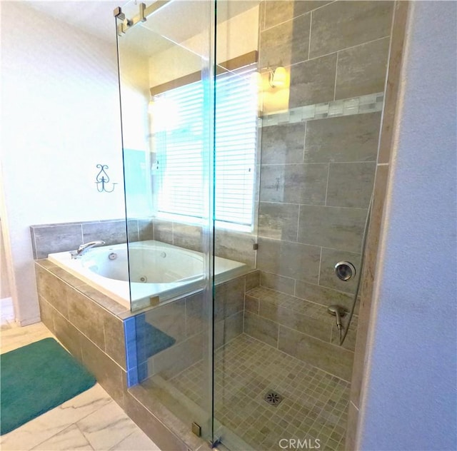 28183 Rocky Cove Dr, Menifee, CA 92585 - full bathroom featuring a whirlpool tub, a stall shower, and marble look tile flooring