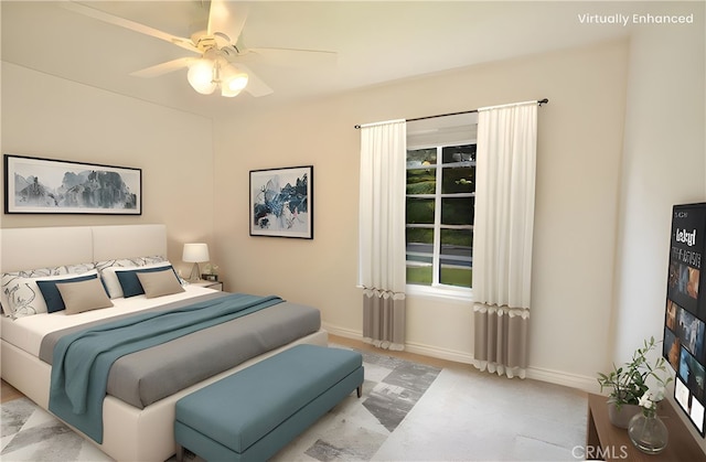 bedroom featuring a ceiling fan, carpet flooring, and baseboards