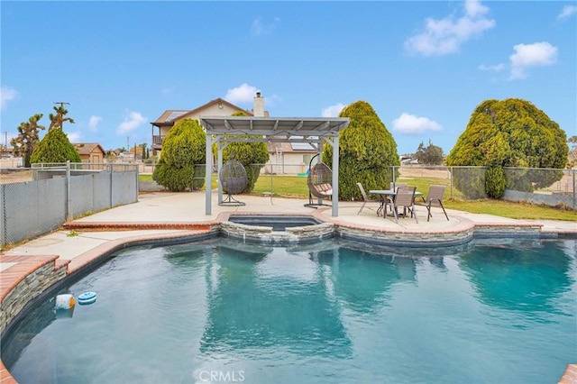 view of swimming pool featuring a patio, a fenced backyard, a pergola, and a pool with connected hot tub