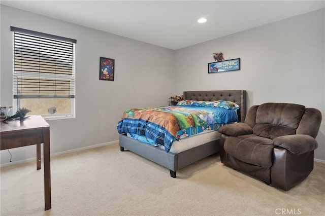 bedroom with carpet flooring, recessed lighting, and baseboards